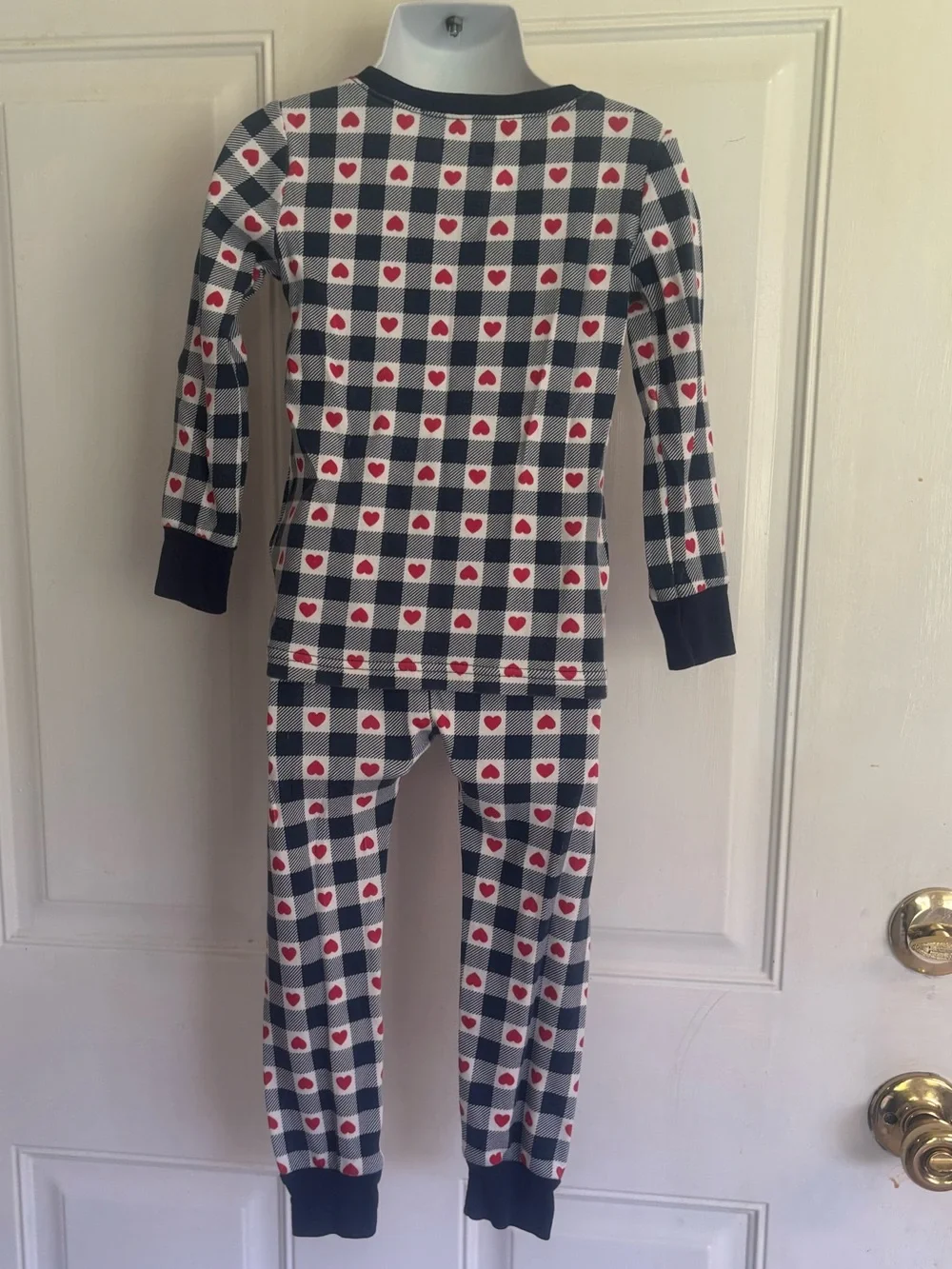 3T Old Navy Unisex navy/white gingham/red hearts 2 piece pajama set.  In EUC!